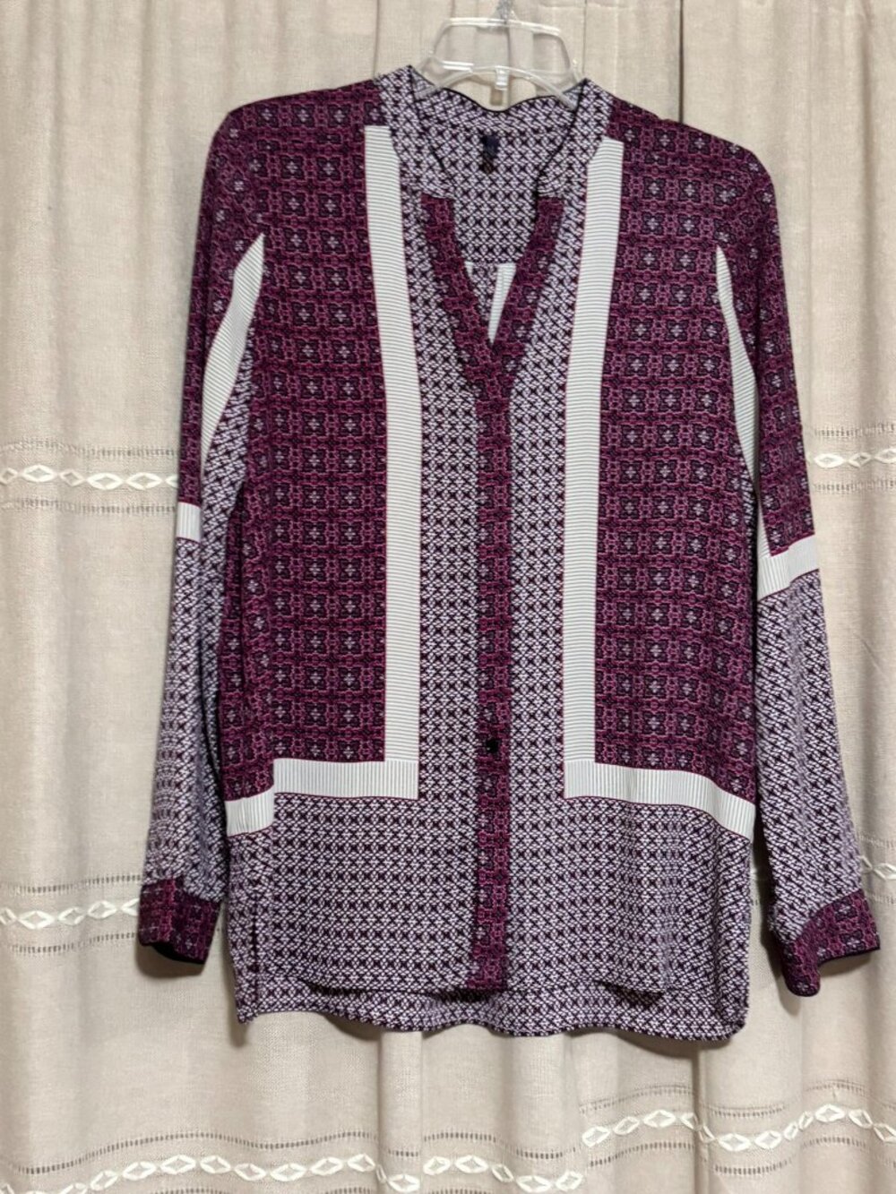 NYDJ Purple Geometric Mosaic Print V Neck Henley Blouse Small